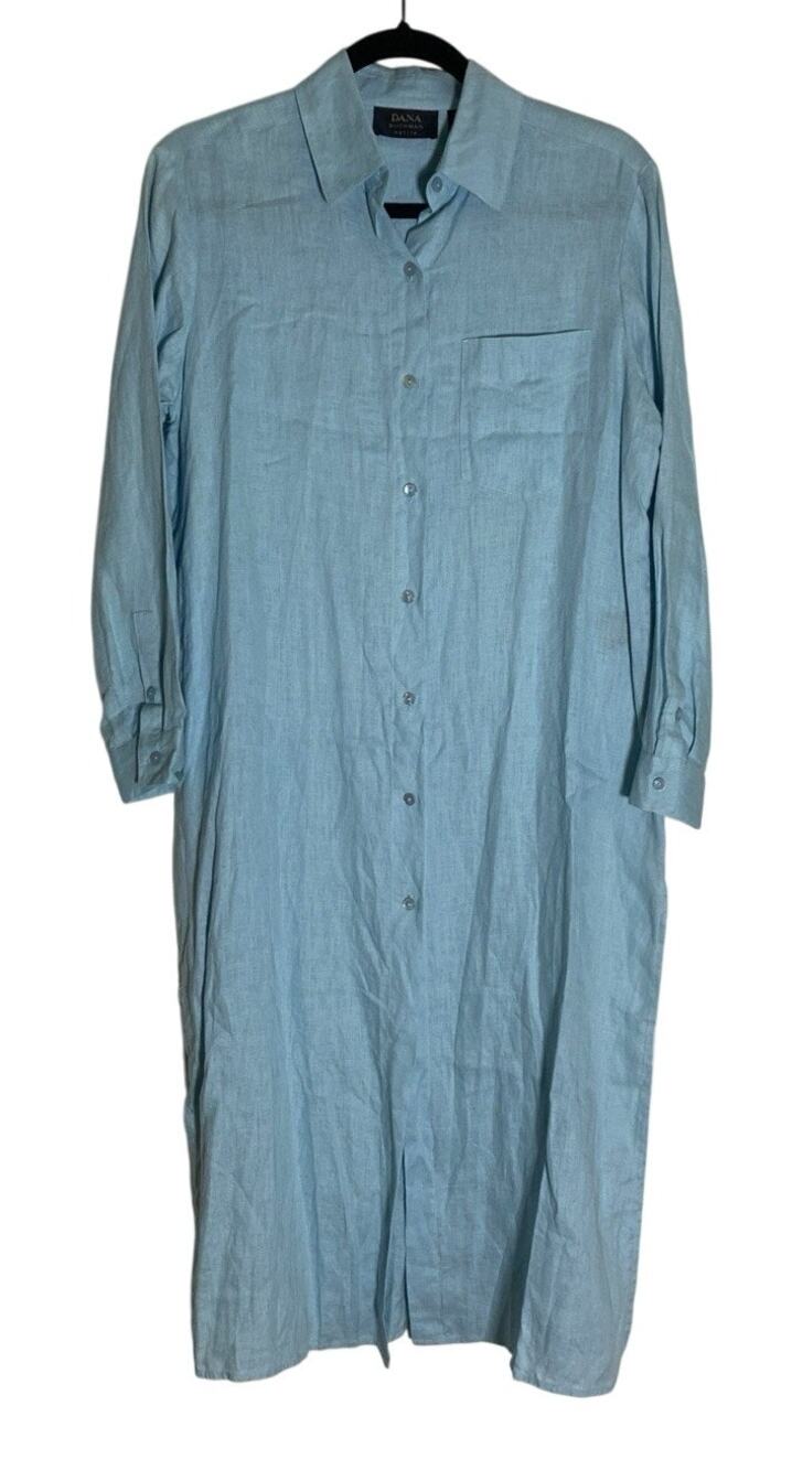Dana Bachman Long 100% Linen Lt Blue Shirt Dress Long Sz 6P Petite Cottagecore